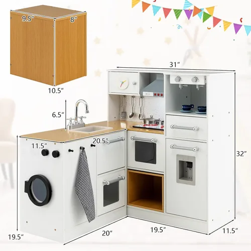 Miniatura 7 de Costzon Cocina de Juego de Esquina de 2 Piezas, Cocina de Juego de Madera con Lavadora, Luz y Sonido Realistas, Cafetera, Estufa y Accesorios