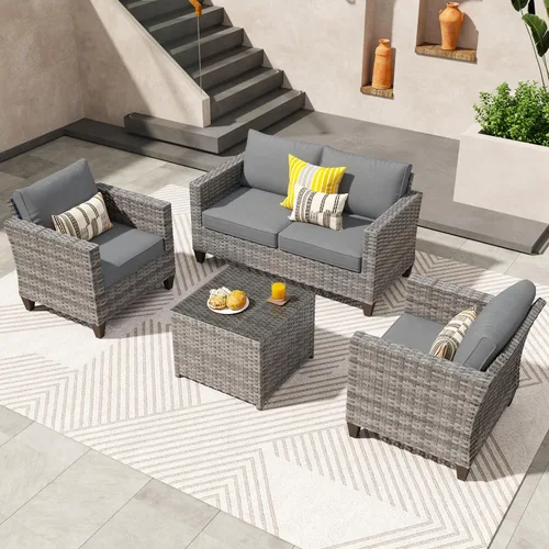 Miniatura 31 de ovios Juego de muebles de patio de 6 piezas, sillas giratorias de mimbre para exteriores con mesa para fogatas de 30 pulgadas, juego de mecedoras