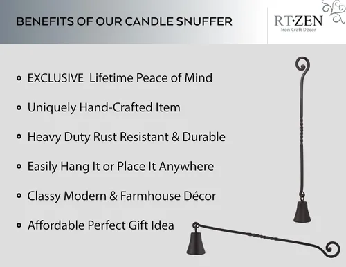 Miniatura 2 de RTZEN Campana de velas antigua - Apagador de velas decorativo artesanal de hierro forjado rústico con mango largo - Único accesorio de decoración