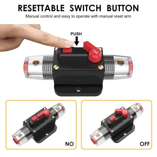 Miniatura 5 de Interruptor de disyuntor de 15 A, fusible impermeable, portafusible en línea, fusible reiniciable, reinicio manual, 12 V-48 V CC para sistema