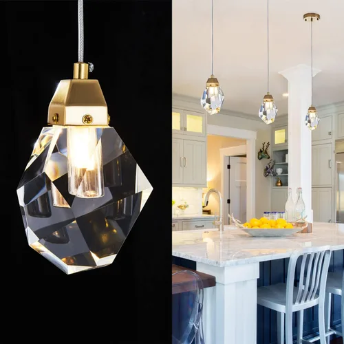 Lámpara colgante de cristal de diamante de 1 luz, lámpara colgante mini para techo en acabado de latón cepillado dorado, lámpara colgante LED de