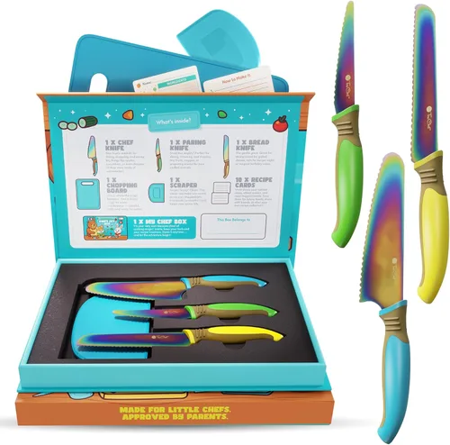 TruChef Juego de cuchillos para niños para cocina real, juego de chef seguro para la piel para mayores de 3 años con cuchillas de arcoíris, tabla de