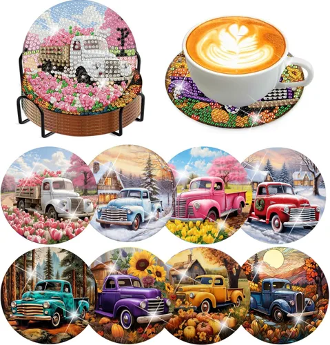Miniatura 40 de Meothan Juego de 8 posavasos de arte de diamante para adultos con soporte, almohadillas de corcho, posavasos de arte de puntos de diamante de vidrio