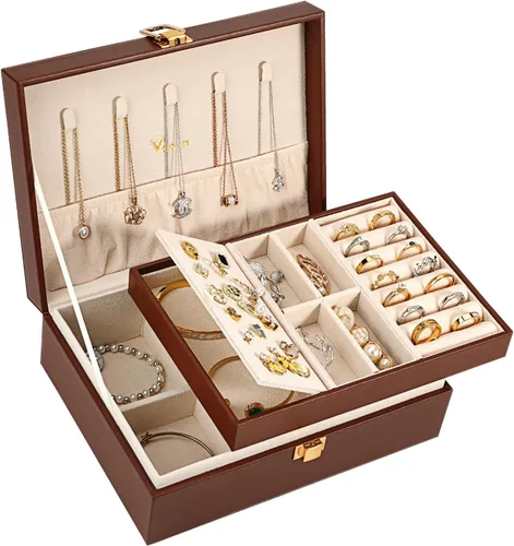 Voova Joyero organizador para mujeres y niñas, 2 capas grandes para hombres, estuche de almacenamiento de joyas de piel sintética con bandeja