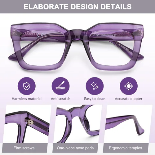 Miniatura 6 de AQWANO Stylish Blue Light Reading Glasses Women Men, Fashion Oversized Square Designer Readers Computer Eyeglasses Púrpura - Metal incorporado