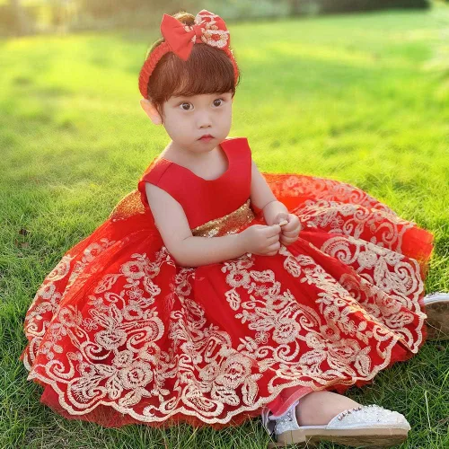 Miniatura 26 de CMMCHAAH - Vestidos de encaje para concursos de niñas bebés de 0-6 años, vestido formal para fiestas con diadema
