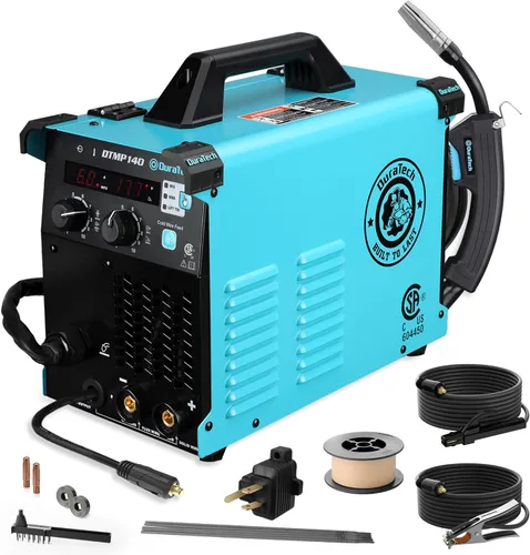 DURATECH Soldador MIG de 140 amperios, máquina de soldadura 4 en 1 de 120 V, núcleo de flujo sin gases/núcleo sólido, blindado a gas, soldador
