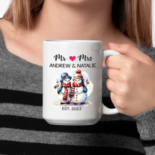 Miniatura 3 de Regalo personalizado de amor – Bonita taza de cerámica de muñeco de nieve para pareja – Taza de porcelana personalizada con nombres y año – Taza