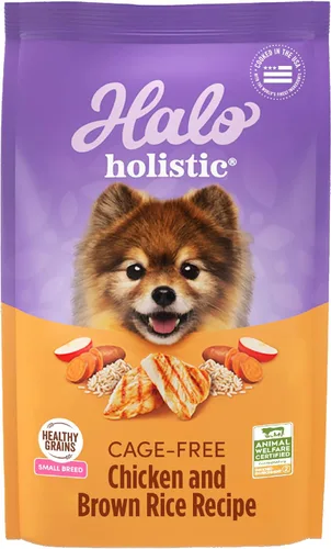 Halo Holistic - Alimento para perros de raza pequeña, receta de pollo y arroz integral sin jaula, alimentos secos para perros de granos saludables,