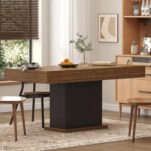 Miniatura 4 de Mesa de comedor con cajones para 4-6 personas, mesa de comedor de 55 pulgadas con luces LED, base de pedestal de madera, mesa de cocina rectangular
