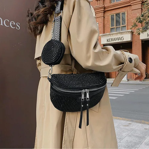 Miniatura 5 de RARITYUS Riñonera cruzada con diamantes de imitación brillantes para mujer, riñonera pequeña con cinturón, para fiesta o club, Negro, talla única