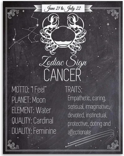 Pósteres de astrología – Signo del zodiaco Cáncer, El Cangrejo – Impresión artística sin marco de 11 x 14 – Gran póster vintage del zodiaco,