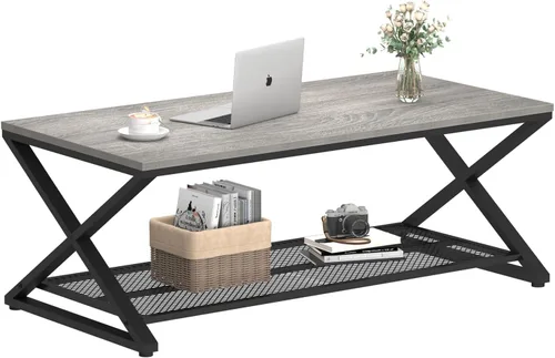 Miniatura 8 de LVB Mesa de Centro Gris, Mesa Central de Madera y Metal Estilo Granja con Almacenamiento para Sala de Estar, Mesa de Cóctel y Té Rectangular