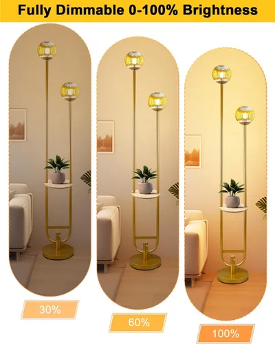 Miniatura 2 de Lámpara de pie de cristal con bandeja, lámpara de pie globo dorada regulable para bodas/fiestas, 2 bombillas blancas suaves y cálidas de 3000K