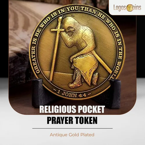 Miniatura 4 de The Task Ahead Coin, paquete a granel de 10, I Can Do All Things, monedas de desafío, chapado en oro antiguo, con un caballero templario arrodillado