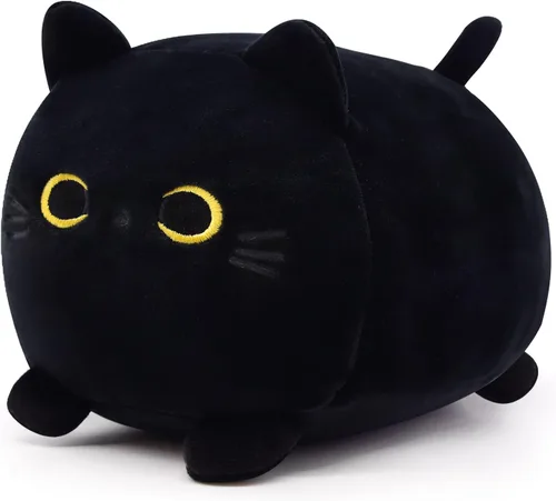 Almohada de felpa de gato negro, animales de peluche Kawaii de gato negro, linda almohada de gato negro, juguetes de peluche para niños, cumpleaños,