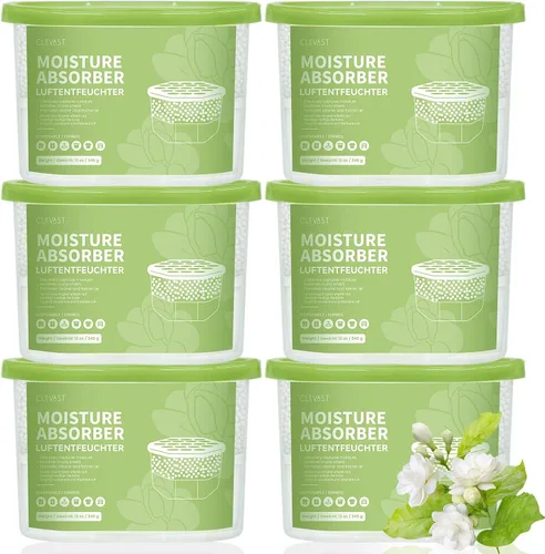 CLEVAST Cajas absorbentes de humedad, paquete de 6, deshumidificador de 12 onzas para armario y baño, absorbente de humedad para armario,