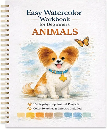Libro de trabajo de acuarela para principiantes, animales, 16 proyectos de acuarela originales, libro de papel de acuarela plano (9.45 x 7.48