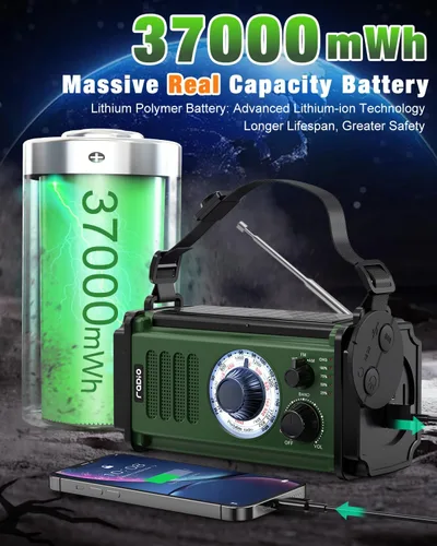 Miniatura 2 de Radio de emergencia 10000mAh/37000mWh, radio solar, radio de manivela, radio meteorológica NOAA AM FM, 4 métodos de carga, batería de polímero