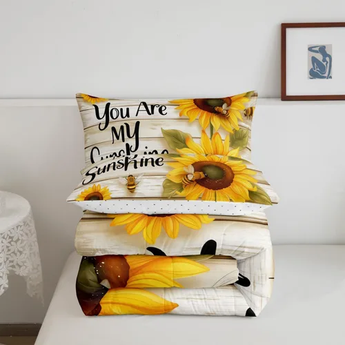 Miniatura 5 de Erosebridal Juego de ropa de cama con estampado de girasol, letras retro y flores amarillas, decoración de dormitorio, edredón de plumón de abeja