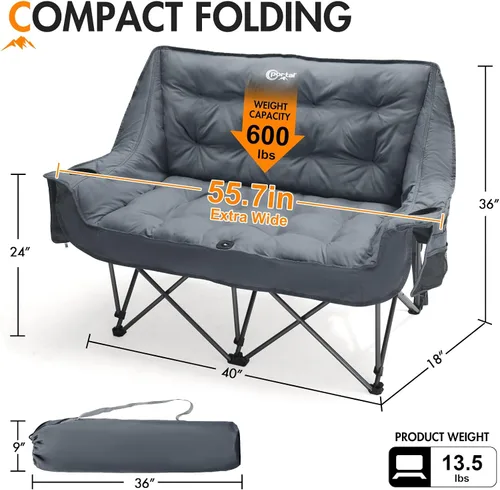 Miniatura 3 de Portal Silla de campamento doble, sofá biplaza plegable para 2 personas para adultos, cojín acolchado, para campamento, césped, sofá portátil