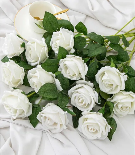 Miniatura 14 de Hawesome Rosas Falsas Flores Artificiales de Seda - 12 Piezas Rosas Moradas Artificiales Flores Falsas con Tallos para Hogar Boda Centro de Mesa