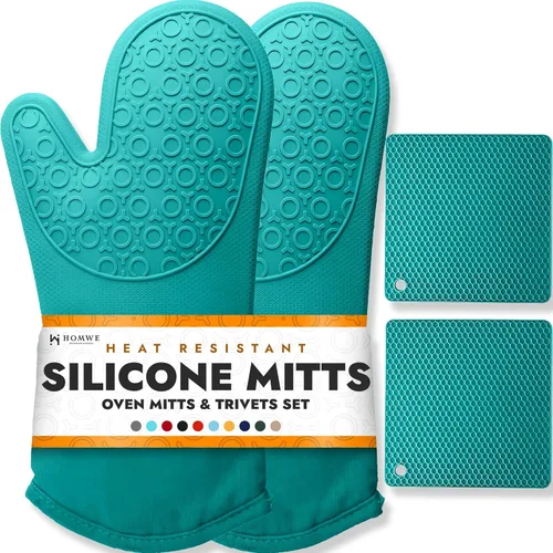 Miniatura 18 de Guantes de horno de silicona con forro de algodón acolchado – profesional resistente al calor olla de cocina soportes – 1 par 2-Turquesa