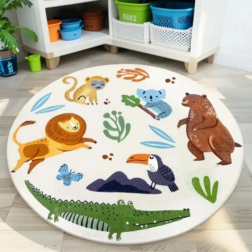Miniatura 4 de Alfombra de juego para niños, alfombra circular de animales de 4 pies, alfombra redonda de zoológico para dormitorio, para niños y niñas, decoración