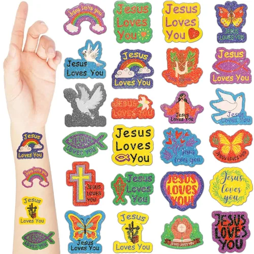 Landhoow 240 piezas de tatuajes de Jesús te ama, tatuajes temporales con purpurina para la cara, calcomanías para el cuerpo, accesorio de disfraz