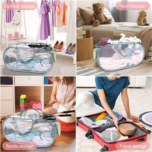 Miniatura 5 de 2 cestas de malla para la ropa sucia, canastas plegables para la ropa sucia, 75 L, cesta de almacenamiento horizontal con bolsillo lateral y asa