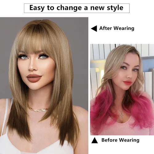 Miniatura 3 de 7JHH WIGS - Peluca de 20 pulgadas de cabello largo y liso con flequillo y corte en capas, tinte natural con cola de cabello marrón y raíces
