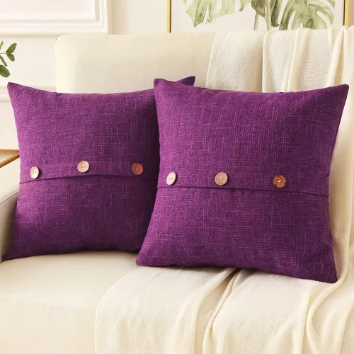 HAUSSY Juego de 2 fundas de almohada decorativas de lino púrpura de 20x20 pulgadas, juego de fundas de cojín cuadradas con 3 botones vintage,