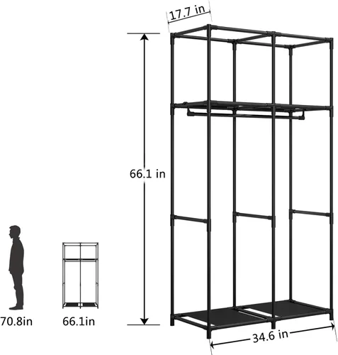 Miniatura 5 de Organizador de ropa portátil de 34 pulgadas con estantes de metal y tela no tejida, organizador de almacenamiento duradero para dormitorio