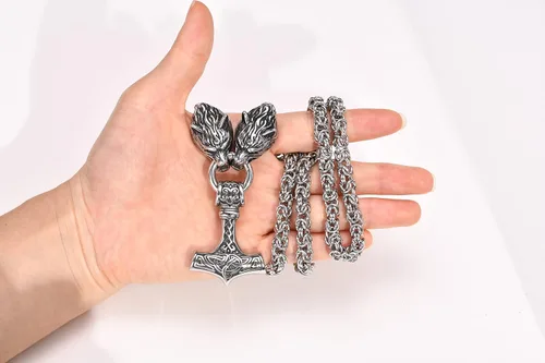 Miniatura 5 de Viking Necklace for Men - Norse Jewelry with Solid Mjolnir Fensilir Heads Viking Amulet Stainless Steel 6 mm Hefty King Chain Thors Hammer Wolf Head