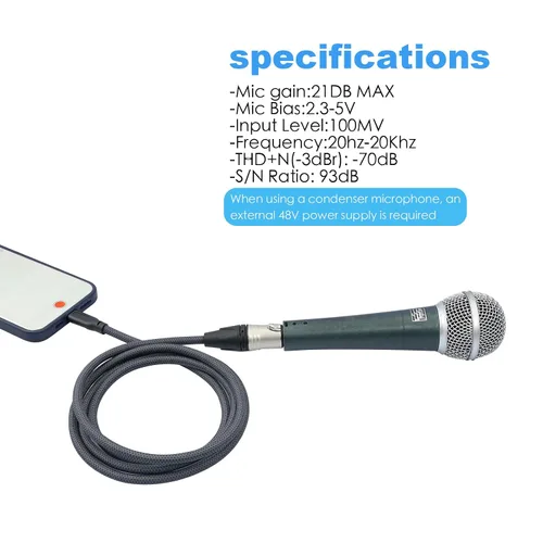 Miniatura 6 de Cable de micrófono XLR hembra de 3.3 pies a USB C, USB C a XLR para micrófono dinámico iPhone 15, iPad, portátil, tableta