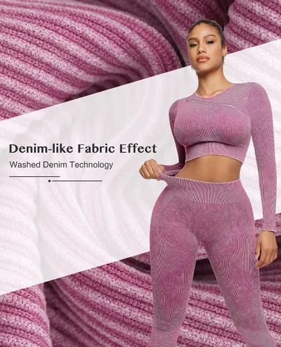 Miniatura 5 de Conjuntos de entrenamiento para mujer, 2 piezas, manga larga, trajes de yoga, gimnasio, sin costuras, acanalados, cintura alta, leggings