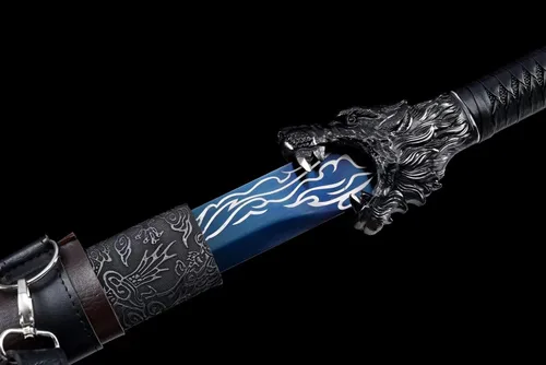 Miniatura 6 de Espada de lobo hecha a mano Cool Blue Carbon Steel Chinese Tang Dao con cinturón
