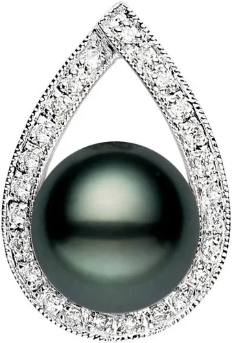 Colgante de perlas cultivadas de Tahití negro de calidad AAAA de oro blanco de 14 quilates para mujeres con diamantes (0.354-0.374 in) -