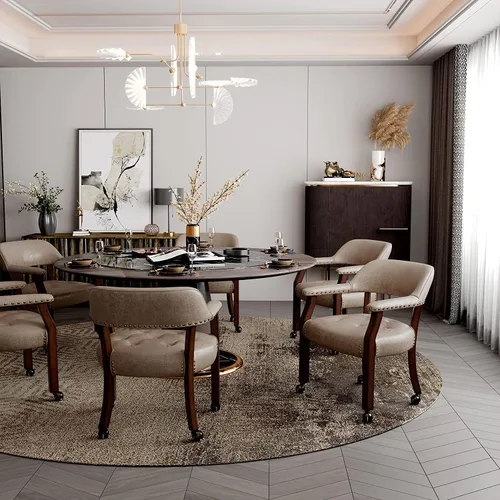 Miniatura 69 de Juego de 8 sillas de cuero de comedor con ruedas y brazos, silla de capitán Accent con ruedas, sillas de madera con ruedas enrollables para cocina