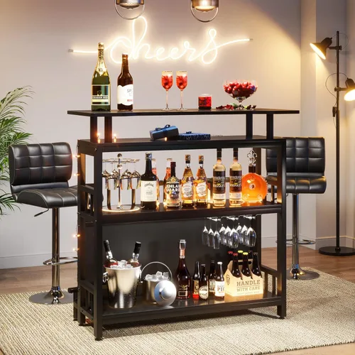 Miniatura 3 de Tribesigns Unidad de Bar para el Hogar para Licores, Mesa de Altura de Bar de 44 Pulgadas con Almacenamiento, Mesa de Pub de Entretenimiento Negra