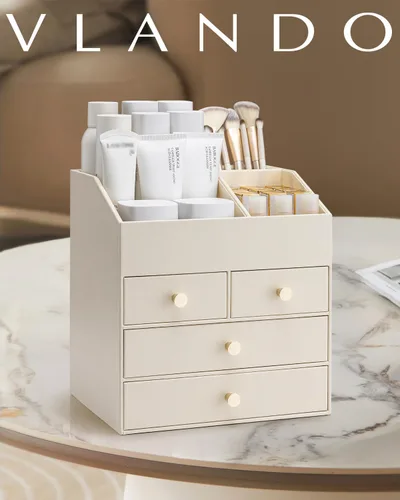Miniatura 9 de Vlando Organizador de Maquillaje para Encimera, Organizador Grande de Tocador de Cuero PU, Almacenamiento de Maquillaje con 4 Cajones, Organizadores