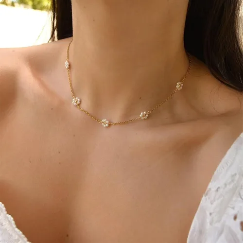 Miniatura 3 de Tewiky Collares de perlas para mujer, collar de oro delicado chapado en oro de 14 quilates, collar de perlas simples para mujer, collar de oro lindo
