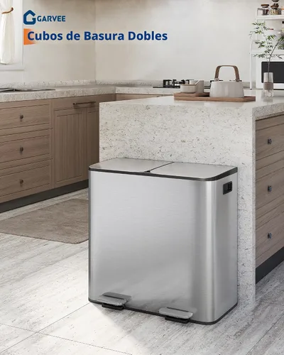 Miniatura 2 de GarveeHome 2 x 10.6 gal Botes de Basura Dobles de Acero Inoxidable con Tapa para Cocina, Combo Grande de Bote de Basura Dual y Reciclaje, Botes