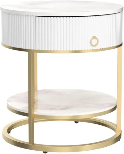 Miniatura 5 de OIOG Mesa auxiliar redonda con cajón, mesita de noche de 2 niveles con estante, mesa auxiliar moderna con patas doradas para sala de estar, Dorado