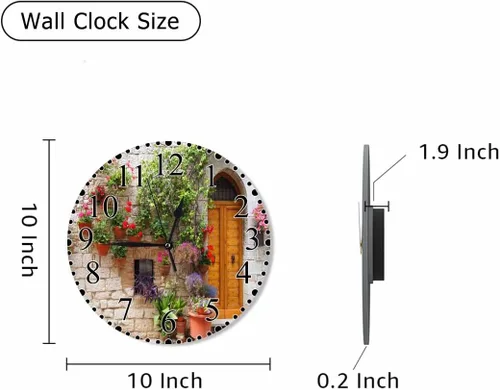 Miniatura 2 de Italian Hill Town of Assisi - Reloj de pared de 10 pulgadas, funciona con pilas, flores coloridas fuera de un hogar, reloj moderno silencioso sin