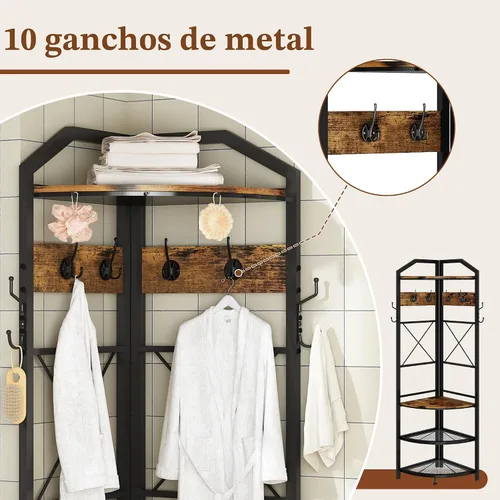 Miniatura 5 de Perchero esquinero con almacenamiento, árbol de entrada con banco y 10 ganchos de metal, perchero independiente para ropa y zapatos, organizador