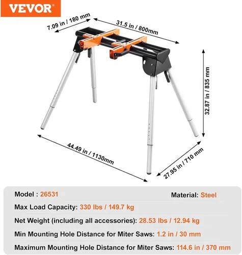 Miniatura 7 de VEVOR Soporte para sierra ingletadora, soporte de sierra de inglete plegable de 36 pulgadas con abrazadera de soporte de montaje integral, altura