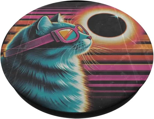 Miniatura 2 de Cat Solar Eclipse - Synthwave Retro Poster Style PopSockets Standard PopGrip