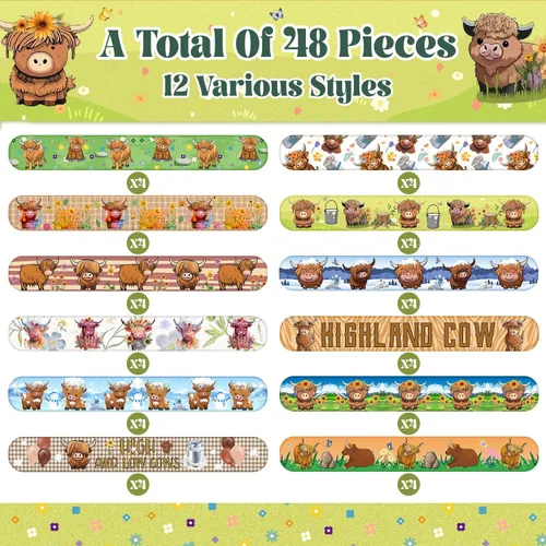 Miniatura 3 de 48 pulseras de vaca de las tierras altas, recuerdos de fiesta de animales de dibujos animados para niños y niñas, suministros de fiesta de baby