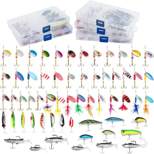 Miniatura 5 de Dr.Fish Bolsa de aparejos de pesca 5 cajas con 60 señuelos incluidos Juego de caja de aparejos cargada y equipada Set de señuelos giratorios Equipo